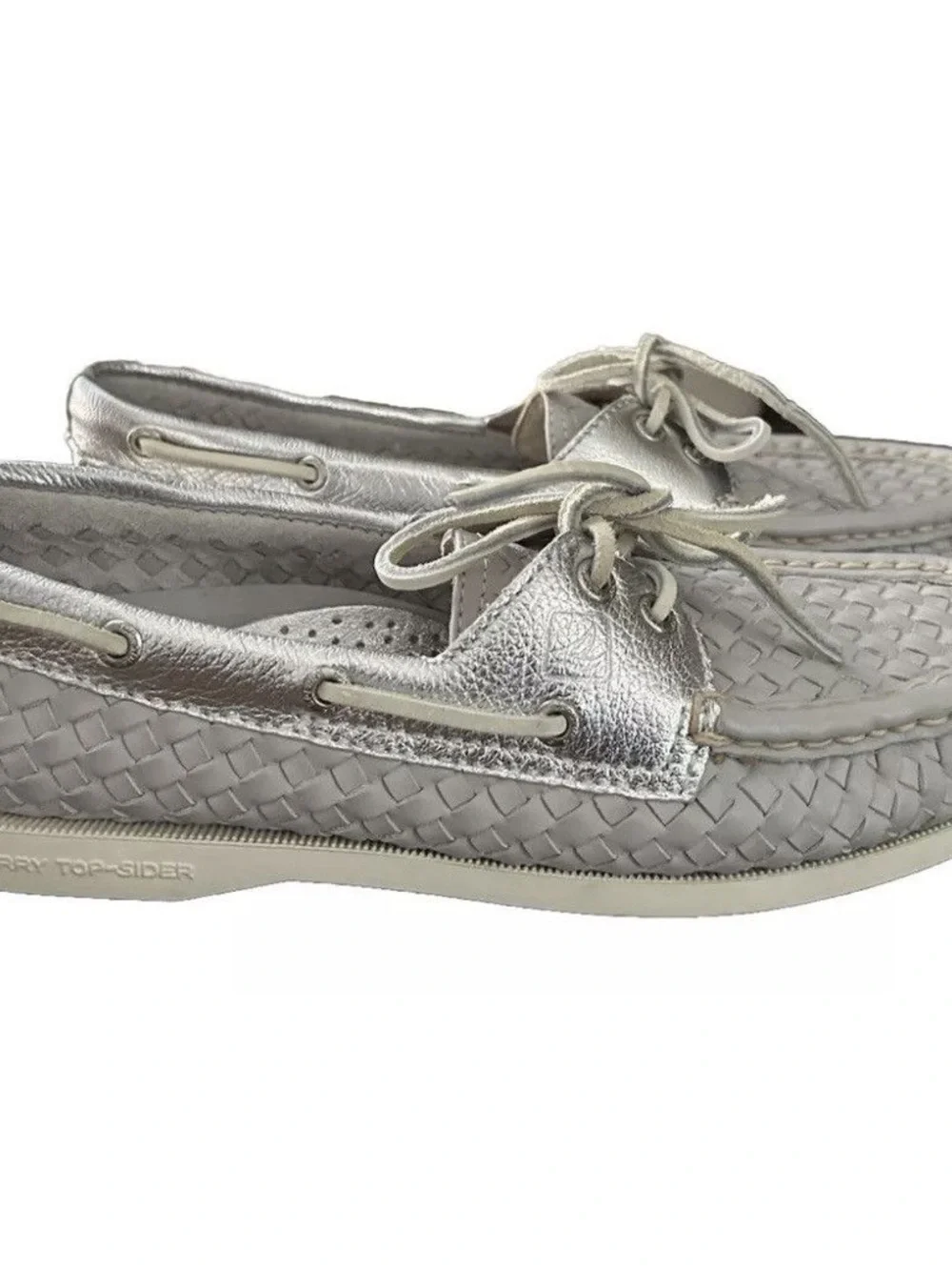 Sperry Silver & Grey Woven Leather Boat Shoes - Picture 2 of 8
